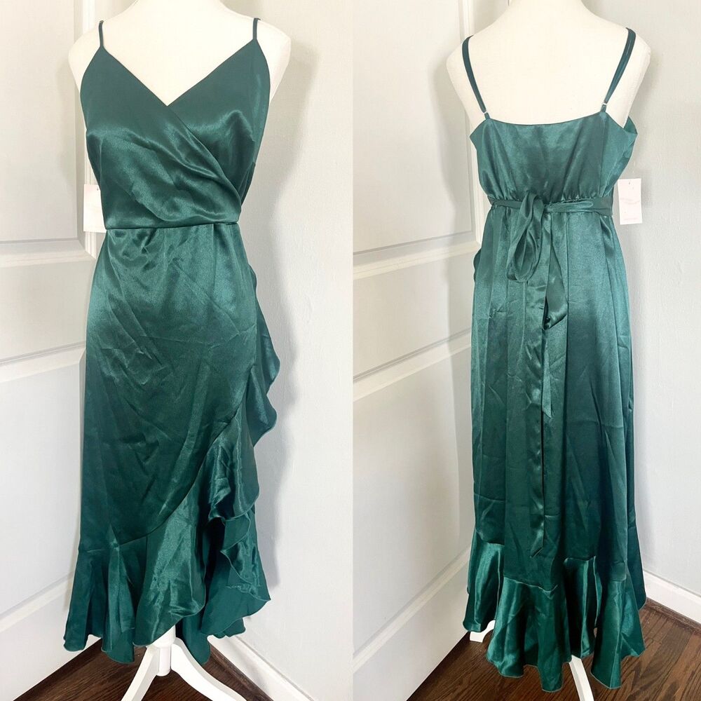 NEW Birdy Grey YC Dress in Emerald Satin - Size XXL Ruffle Faux Wrap Style NWT